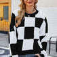 Checkered Round Neck Dropped Shoulder Knit Pullover