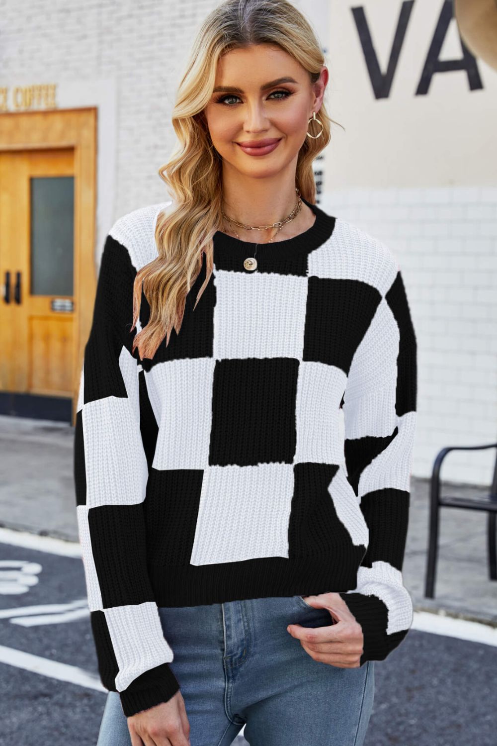 Checkered Round Neck Dropped Shoulder Knit Pullover