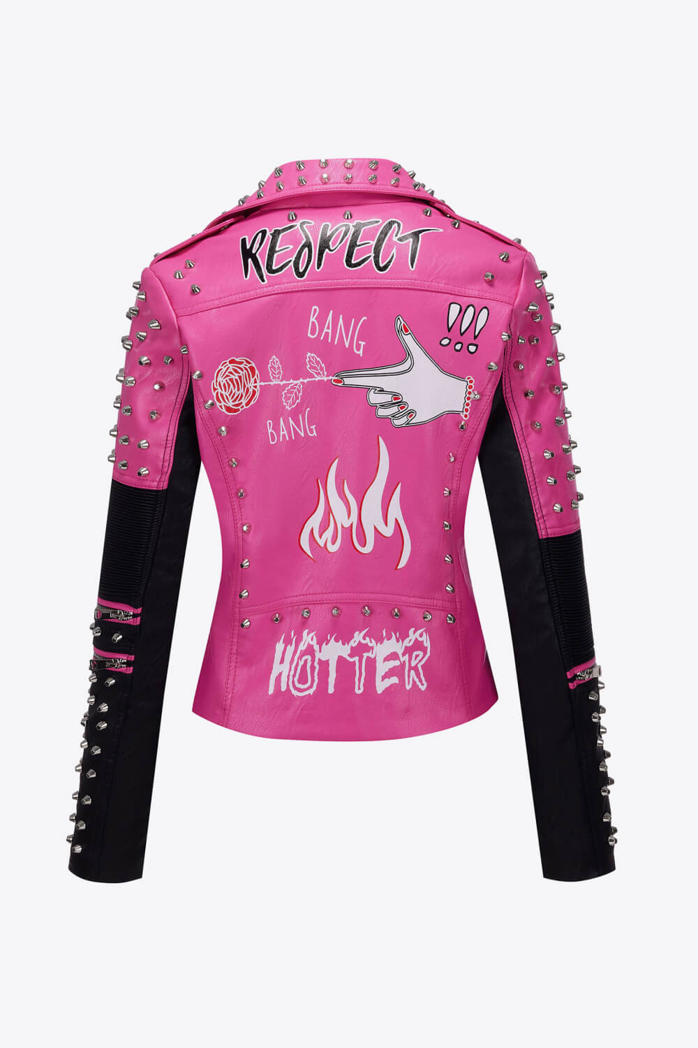 Full Size Contrast Letter Print Studded PU Leather Jacket