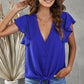 V-Neck Tie Hem Flutter Sleeve Blouse