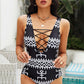 Geometric Lace-Up One-Piece Swimsuit
