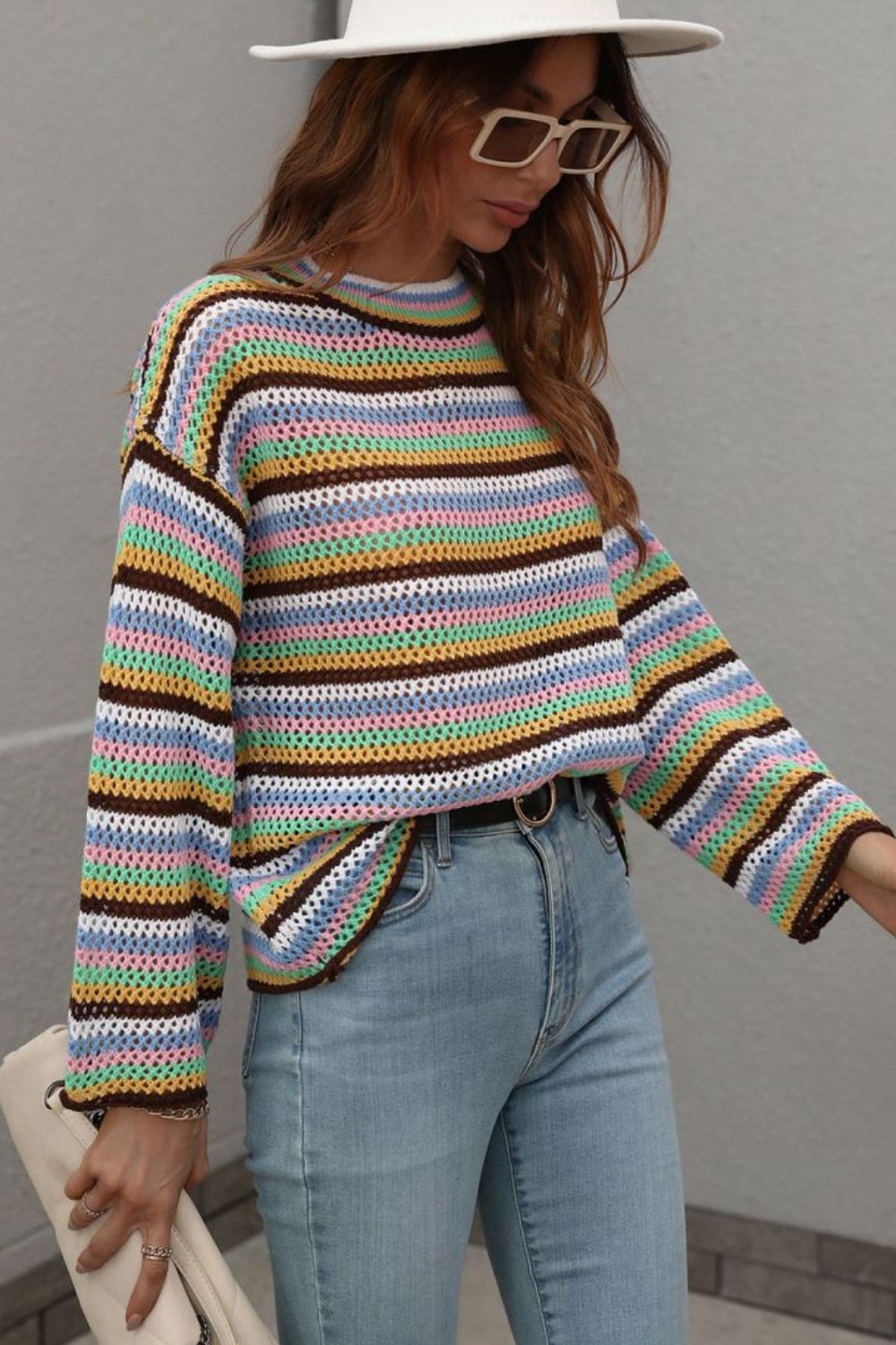 Multicolored Stripe Drop Shoulder Round Neck Sweater