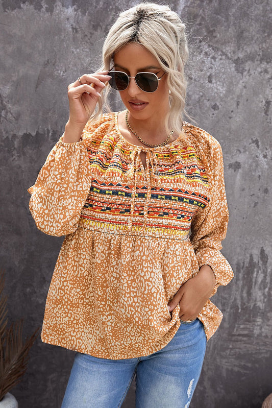 Printed Tie-Neck Balloon Sleeve Blouse