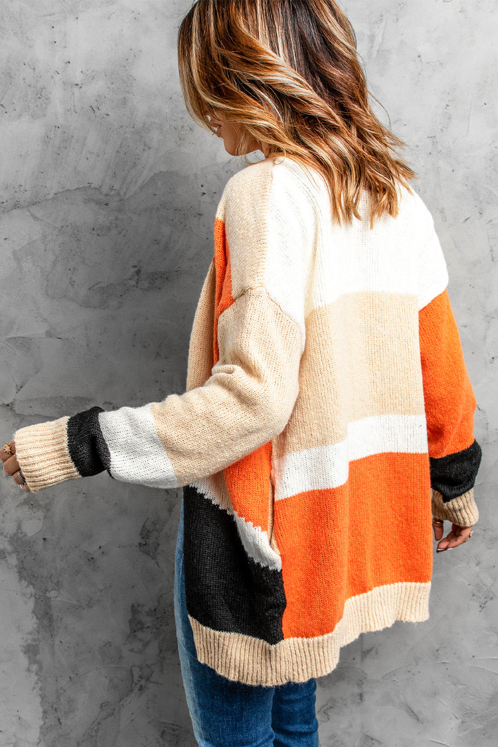 Color Block Drop Shoulder Button Down Cardigan with Pockets