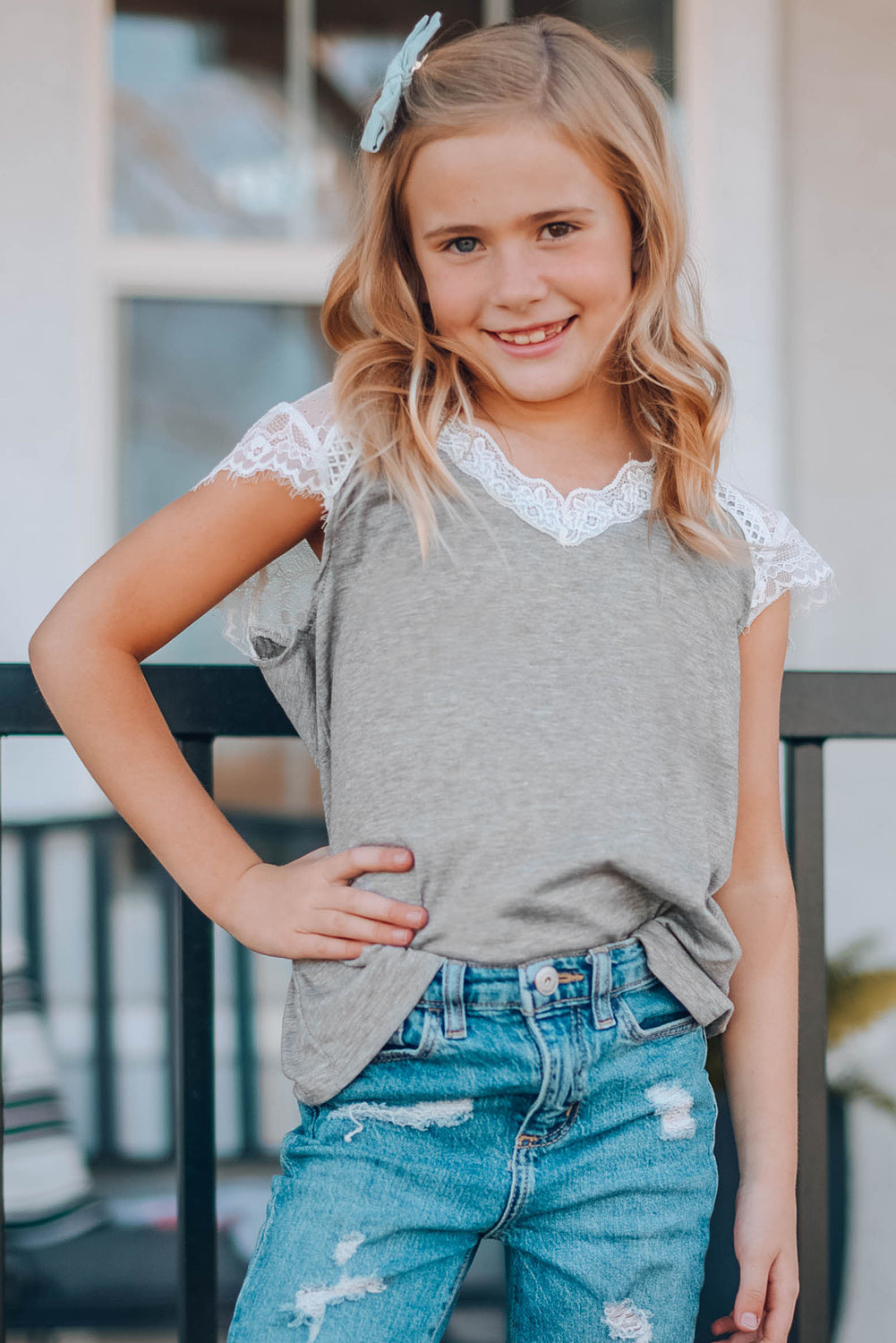 Girls Spliced Lace V-Neck Tee Shirt