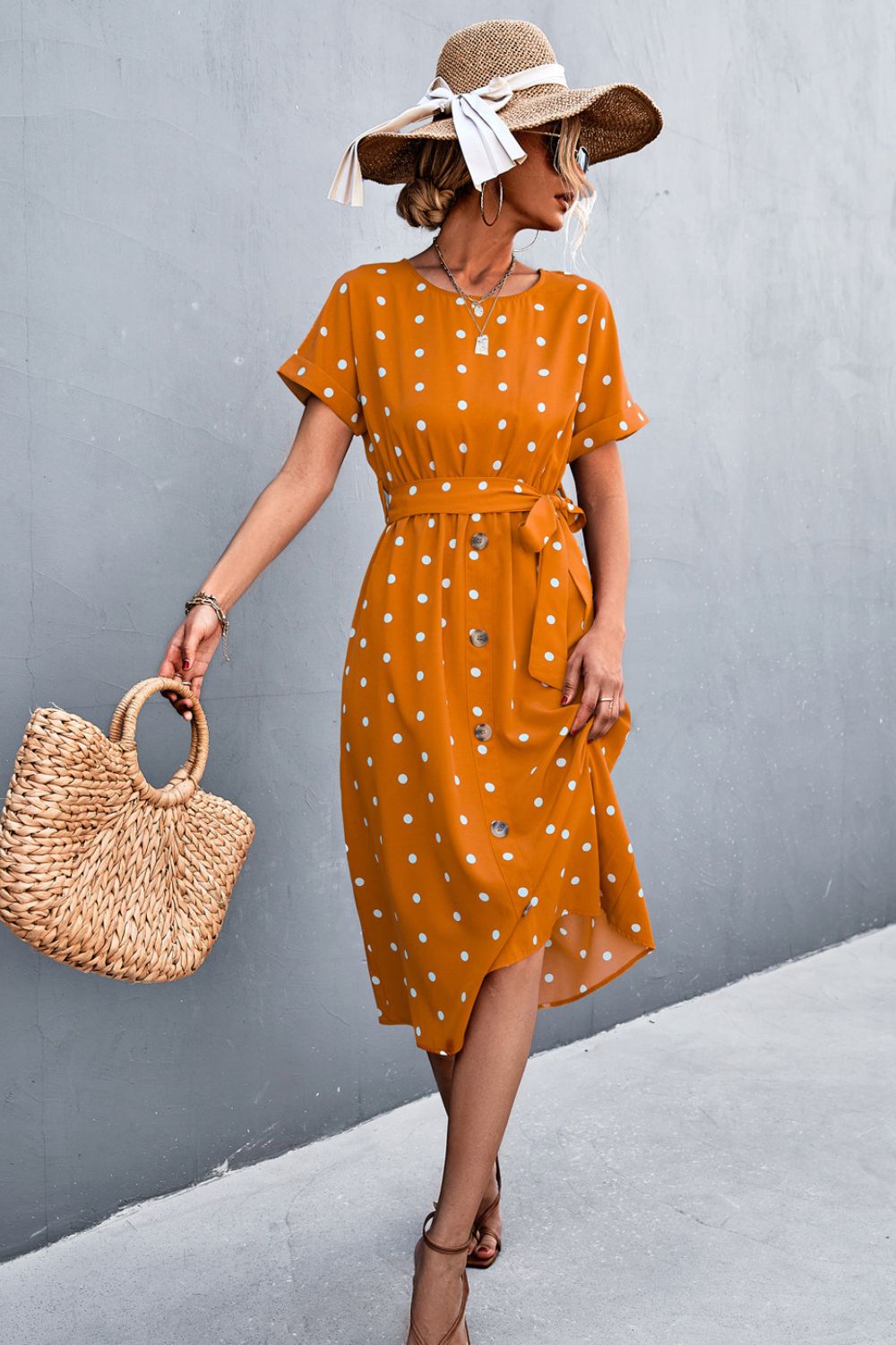 Polka Dot Round Neck Dress with Pockets