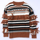 Striped  Fringe Trim Round Neck Sweater
