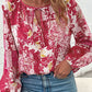 Patchwork Buttoned Tie-Neck Balloon Sleeve Blouse