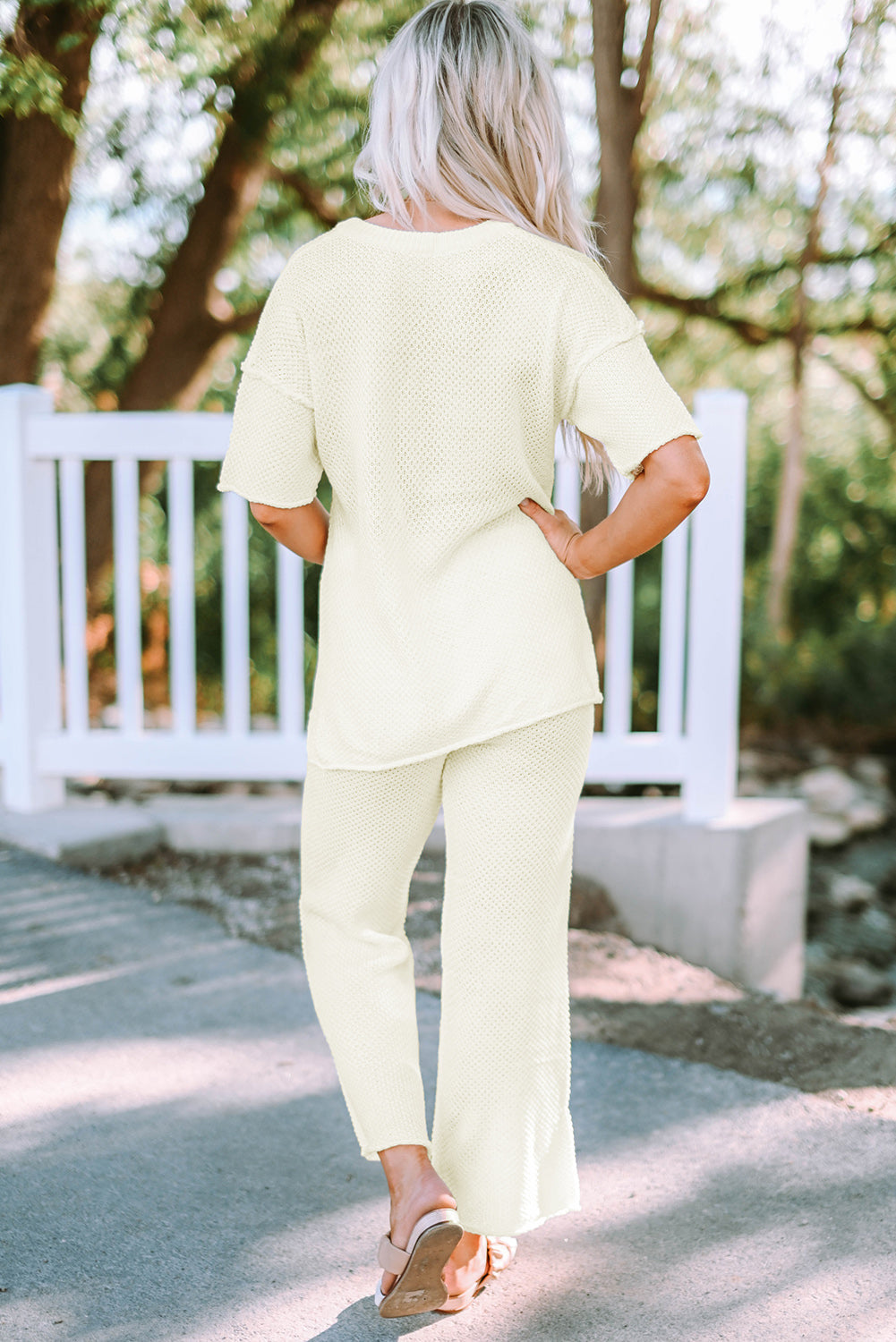 Quarter Button Knit Top and Wide Leg Pants Lounge Set