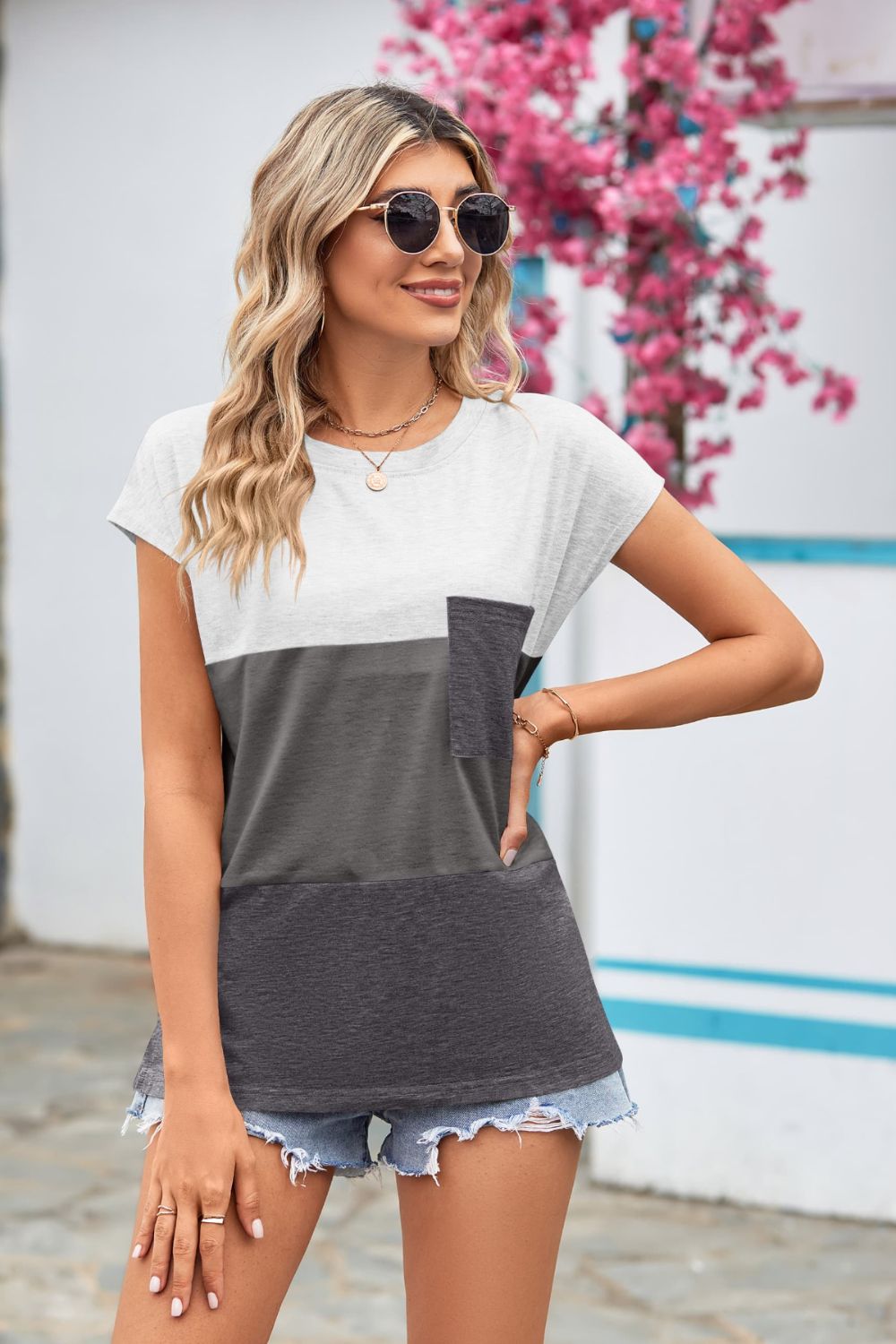 Color Block Round Neck Short Sleeve Tee