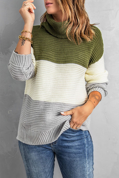 Color Block Side Slit Turtleneck Pullover Sweater