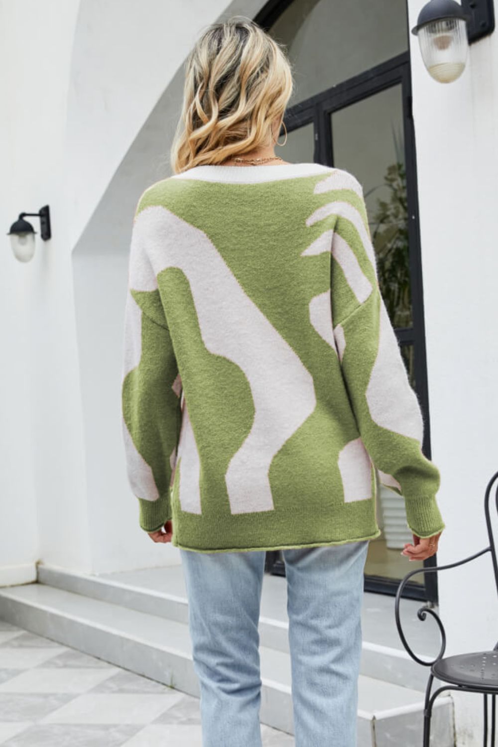 Two-Tone Ribbed Trim Henley Sweater