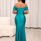 Ruched Off-Shoulder Tulip Hem Satin Maxi Dress