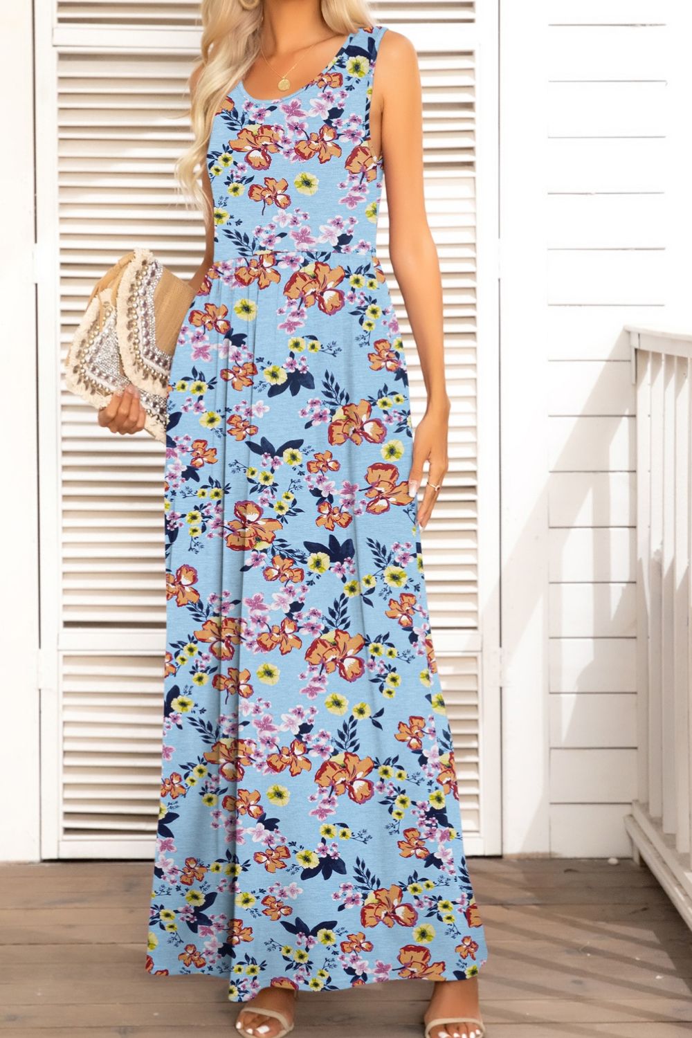 Round Neck Sleeveless Maxi Dress with Pockets