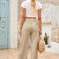 Drawstring Waist Crinkled Wide Leg Pants