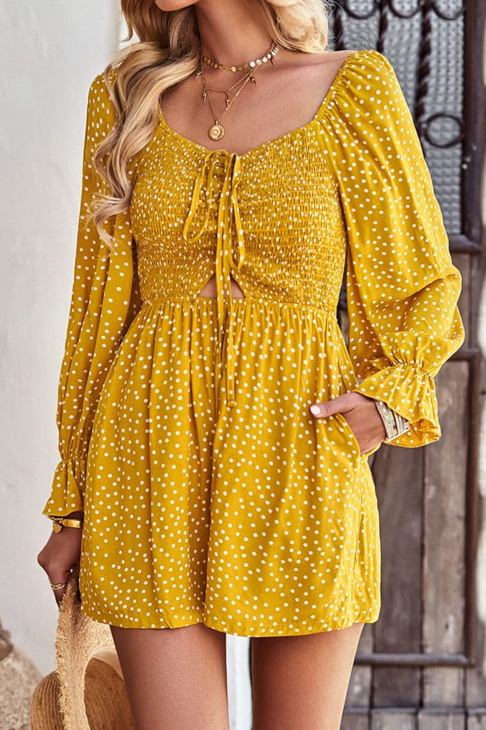 Polka Dot Ruched Smocked Flounce Sleeve Romper