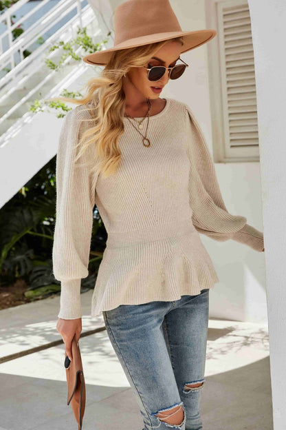 Rib-Knit Lantern Sleeve Peplum Sweater