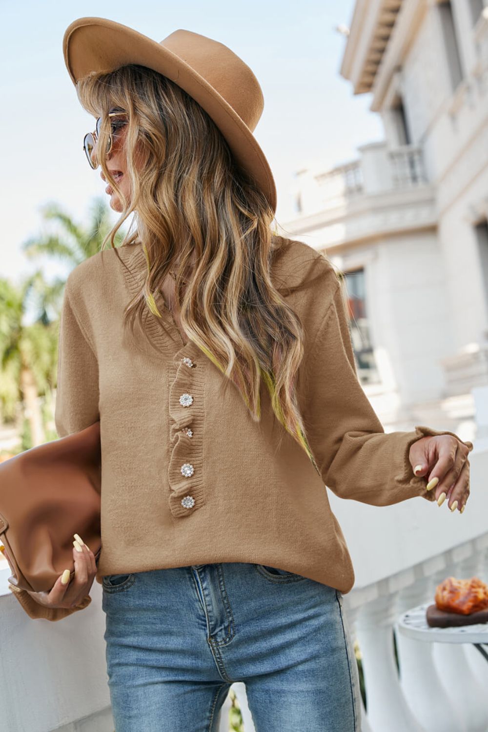 Half-Button Frill Trim Sweater
