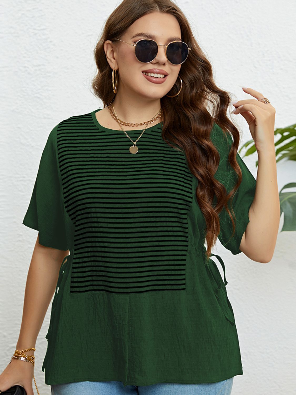 Plus Size Striped Drawstring Slit Top