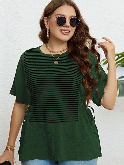Plus Size Striped Drawstring Slit Top