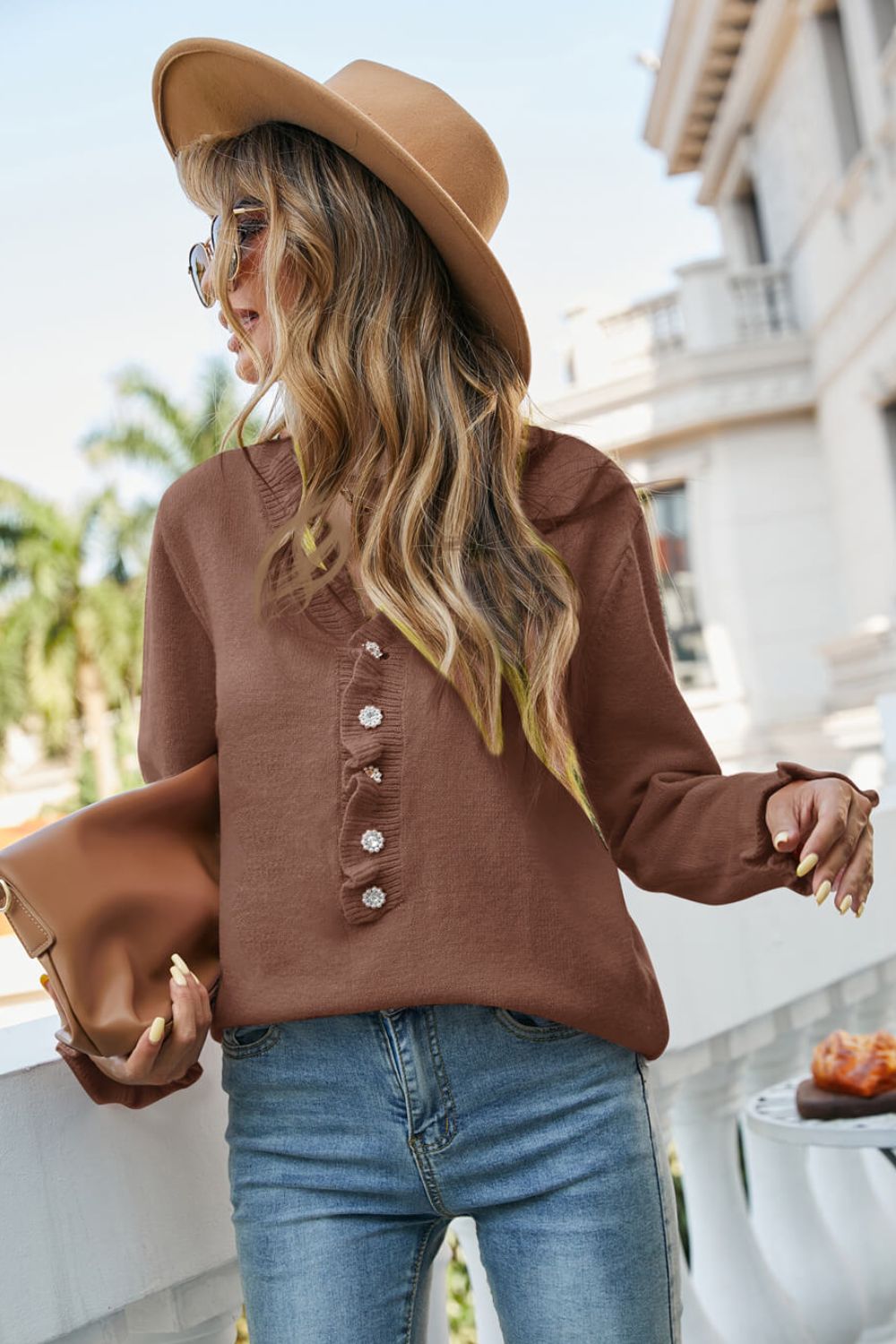 Half-Button Frill Trim Sweater