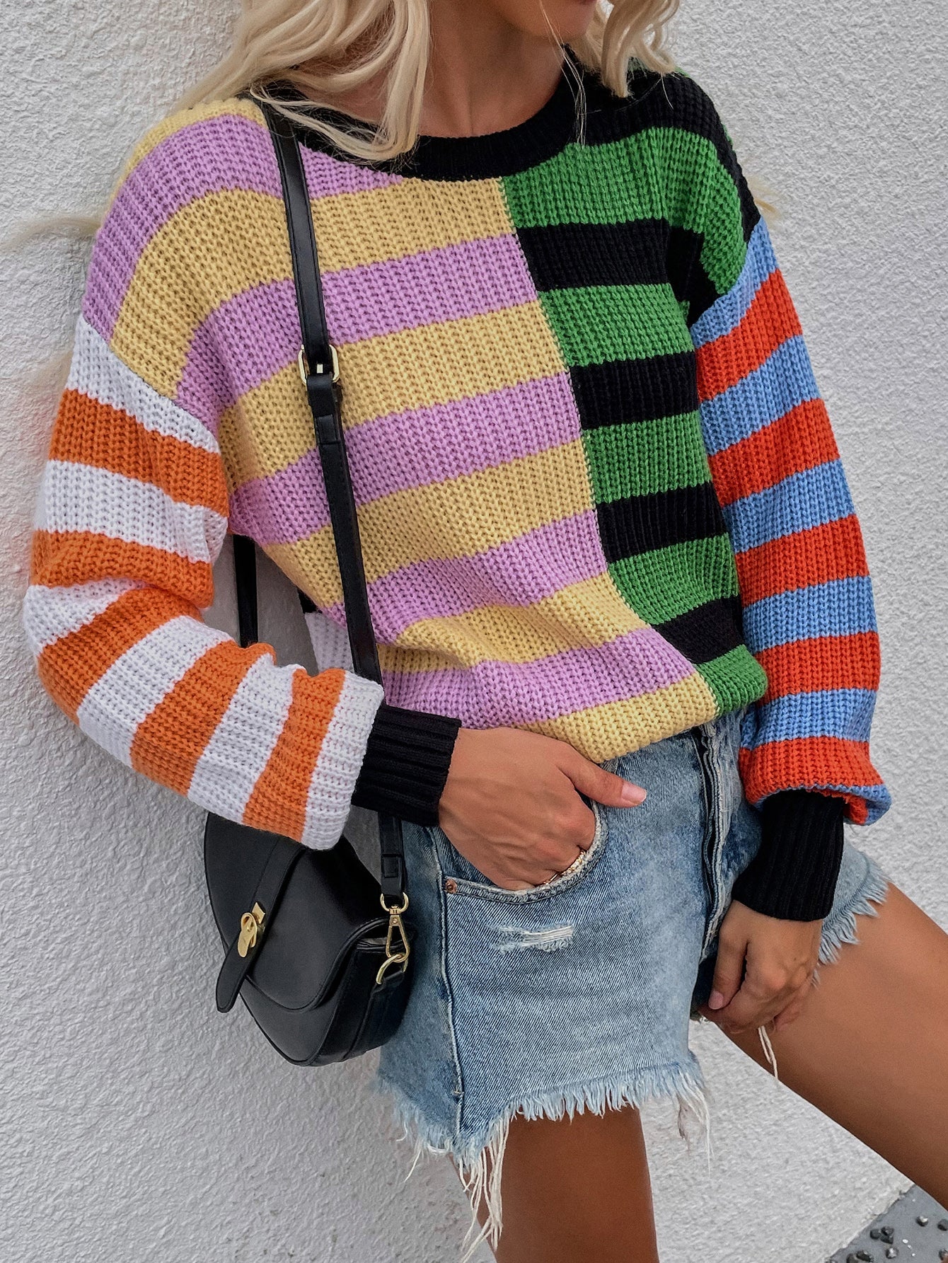 Split Stripes Rib-Knit Sweater