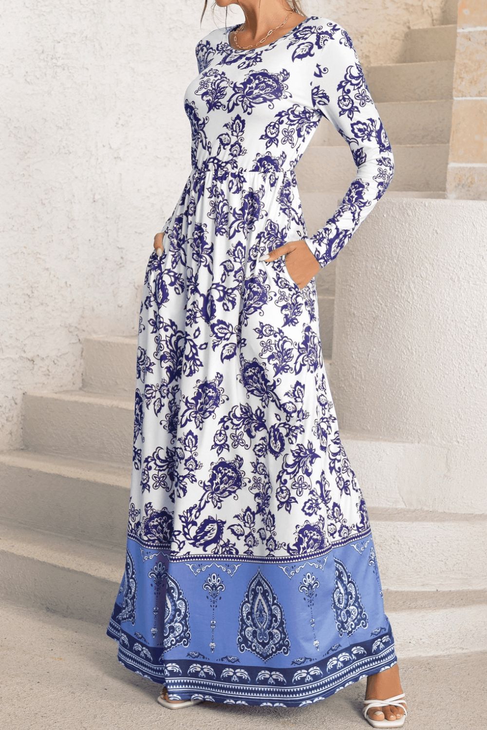 Bohemian Long Sleeve Maxi Dress with Pockets