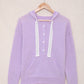 Lace Trim Half-Button Drawstring Knit Hoodie