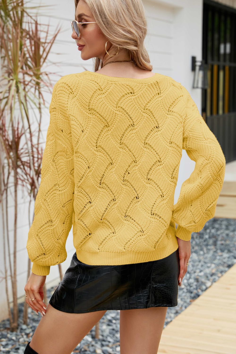 Openwork V-Neck Lantern Sleeve Ribbed Trim Sweater