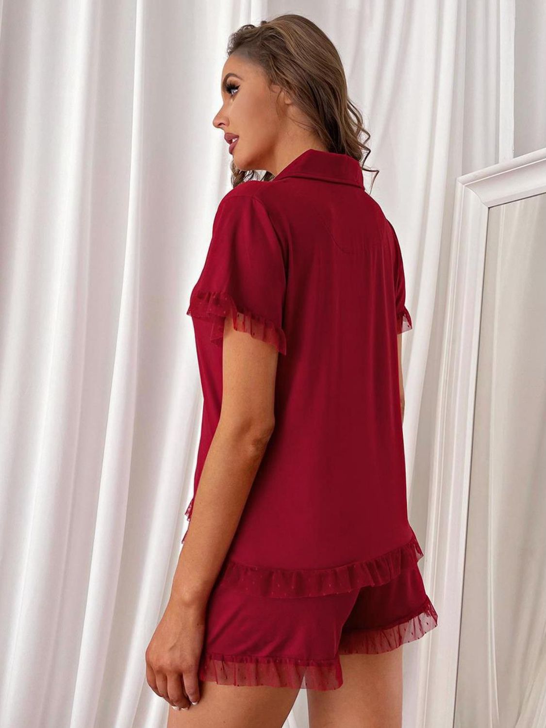 Lace Trim Button Front Top and Shorts Lounge Set