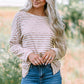 Striped Boat Neck Drop Shoulder Top