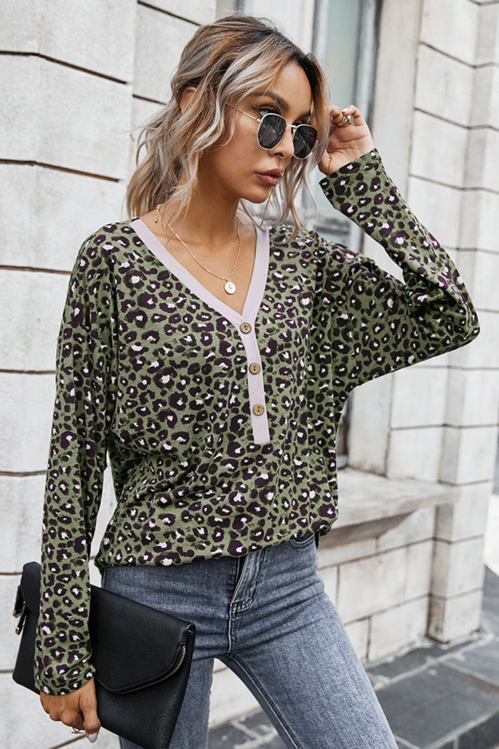 Leopard Buttoned Contrast Trim Top