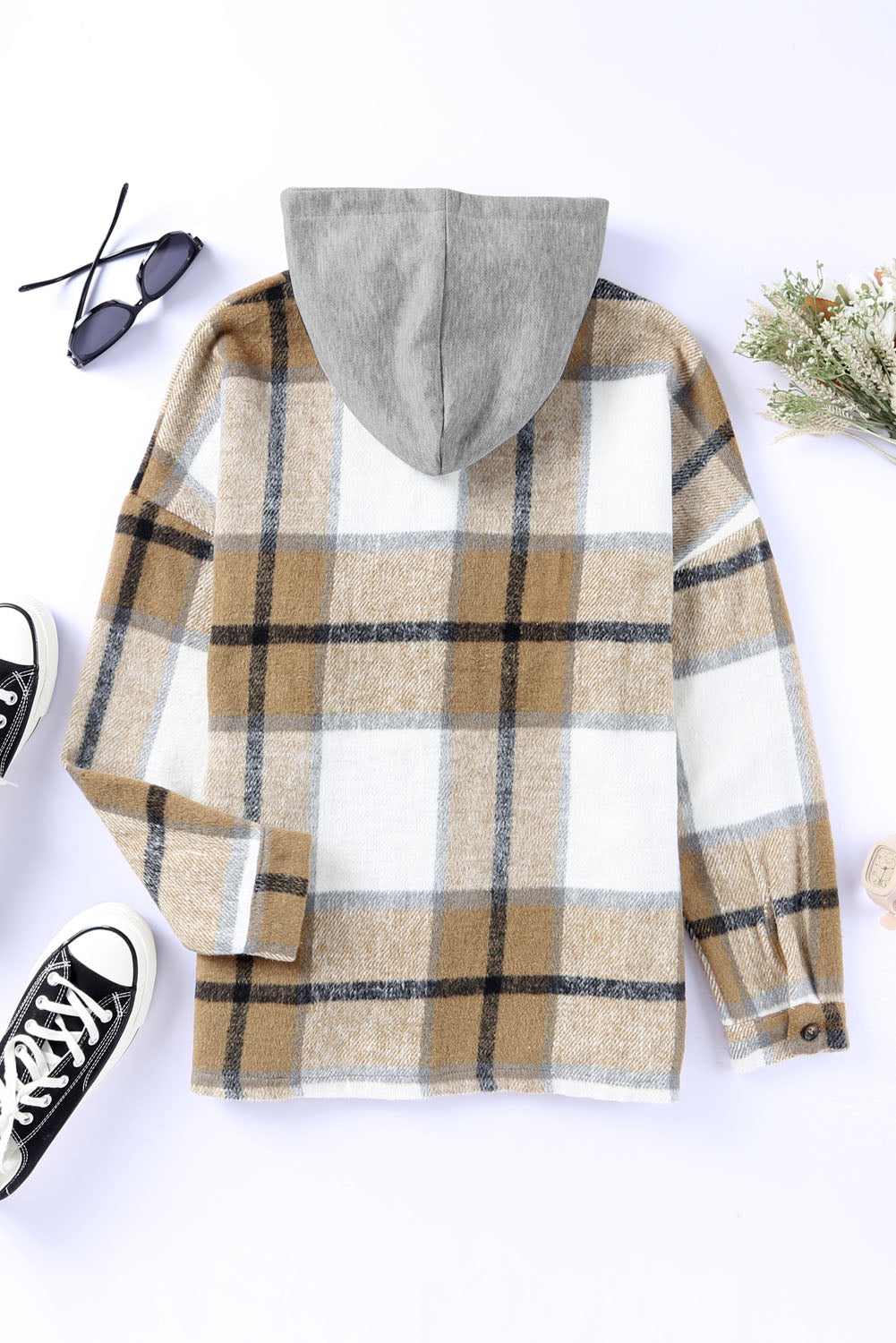 Plaid Button Front Brushed Hooded Jacket