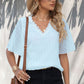 Swiss Dot Lace Trim Flutter Sleeve V-Neck Blouse
