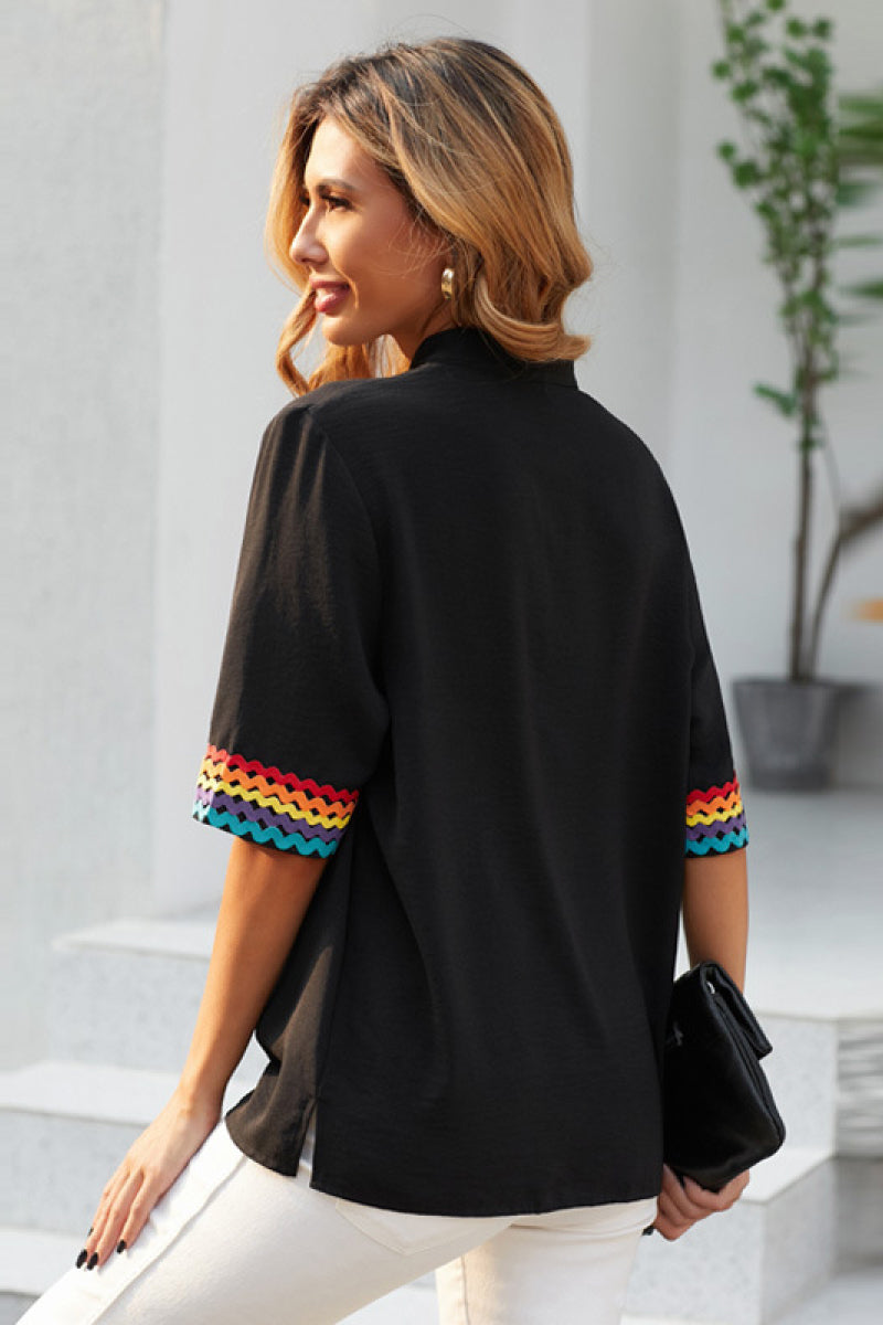 Embroidered Deep V Neck Chiffon Top