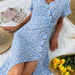 Ditsy Floral Buttoned Puff Sleeve Slit Dress