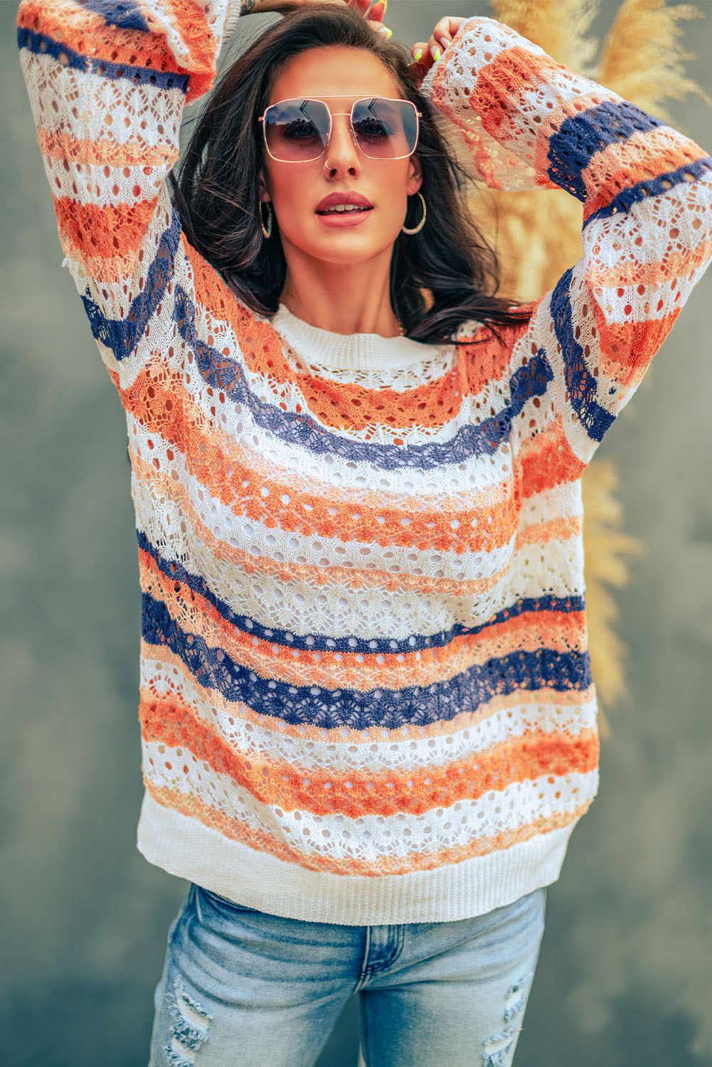 Multicolored Stripe Openwork Knit Pullover