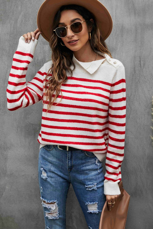 Striped Buttoned Mock Neck Sweater