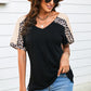 Leopard Sleeve Side Slit Tee-Shirt
