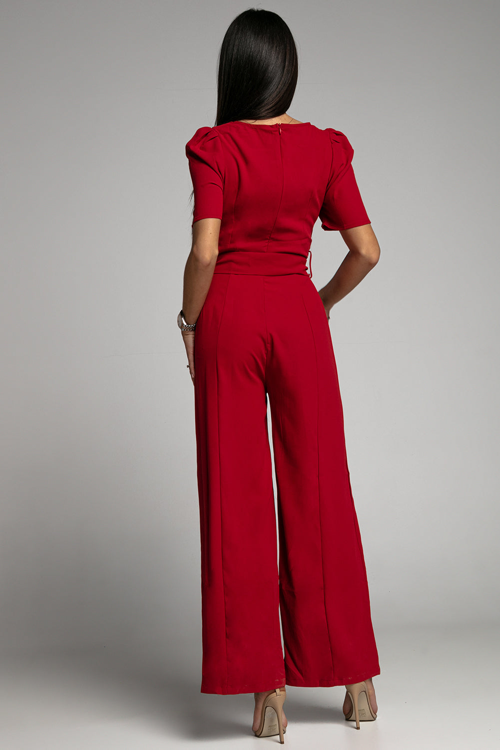 Belted Square Neck Puff Sleeve Jumpsuit