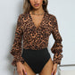 Leopard Print Tie Cuff Spliced Bodysuit