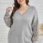 Plus Size Leopard Distressed Hem Detail Slit Sweater