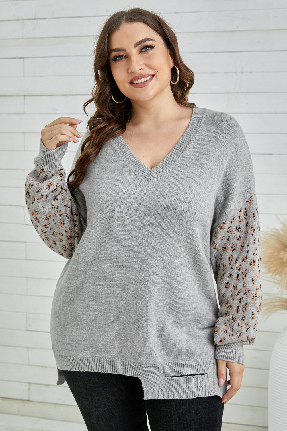 Plus Size Leopard Distressed Hem Detail Slit Sweater