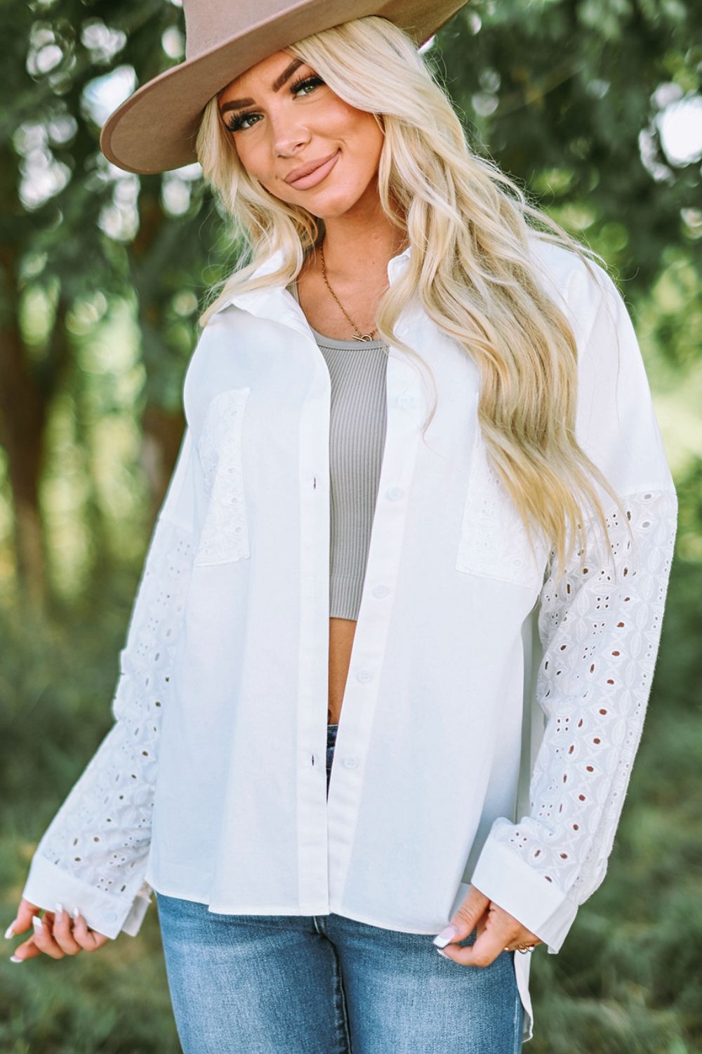 Eyelet Detail Button Down High-Low Shirt