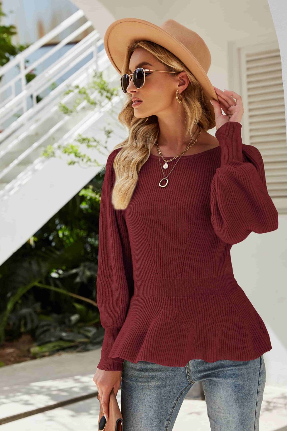 Rib-Knit Lantern Sleeve Peplum Sweater