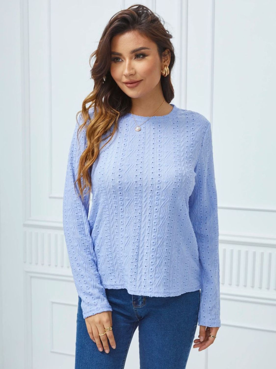 Eyelet Round Neck Long Sleeve Top