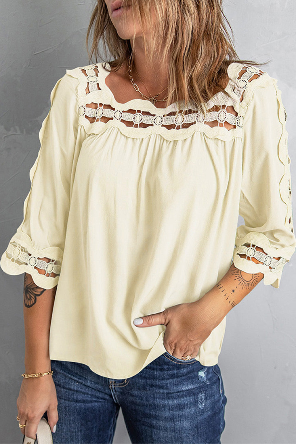 Crochet Openwork Three-Quarter Sleeve Blouse
