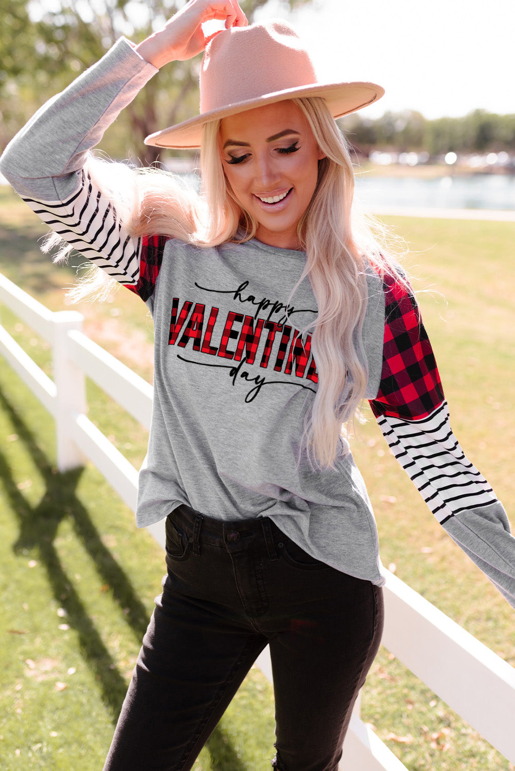HAPPY VALENTINE DAY Mixed Print Long Sleeve Top