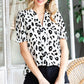 Leopard Notched Neck Short Flounce Sleeve Blouse