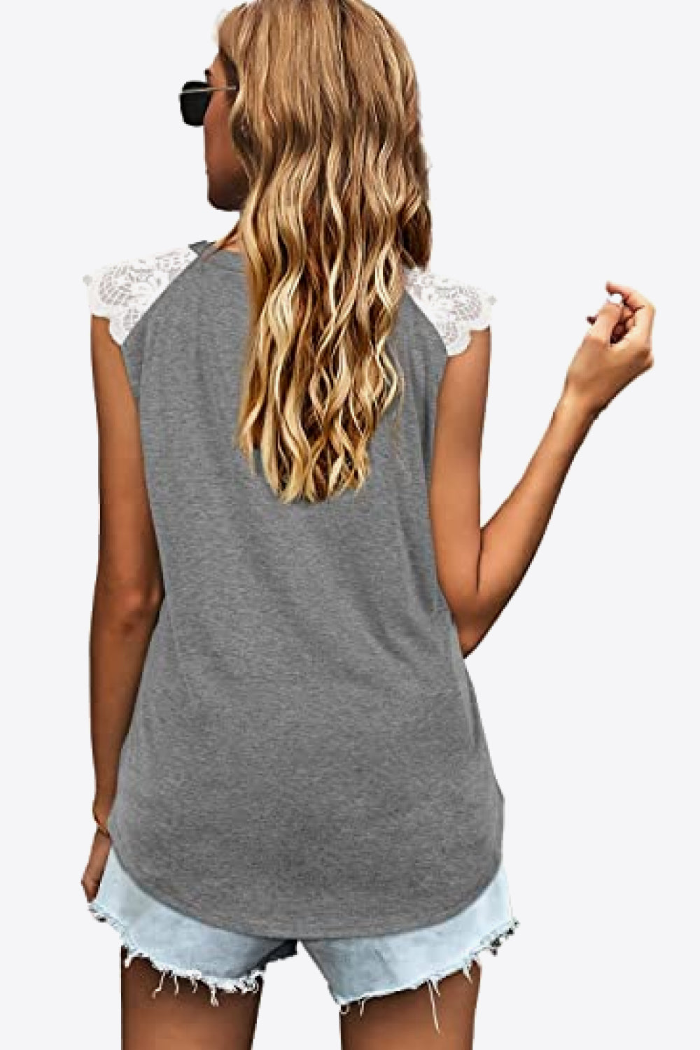 Spliced Lace Curved Hem Blouse